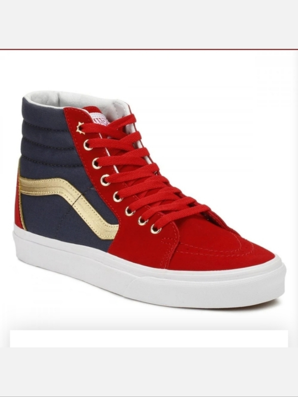 Vans Sk8-Hi Captain Marvel Shoes Red Navy Gold Women's Size 6 Men's Size 4.5